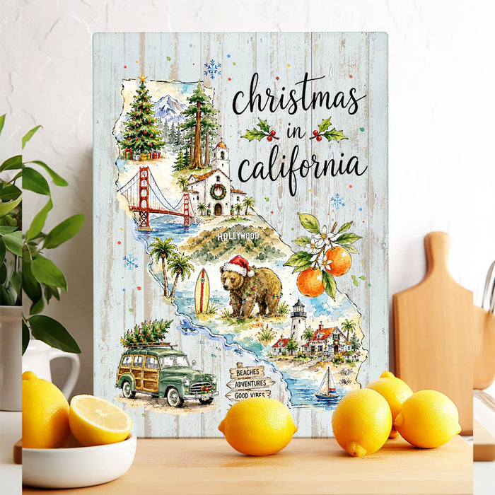 Christmas in California State Map Glass Cutting Board
