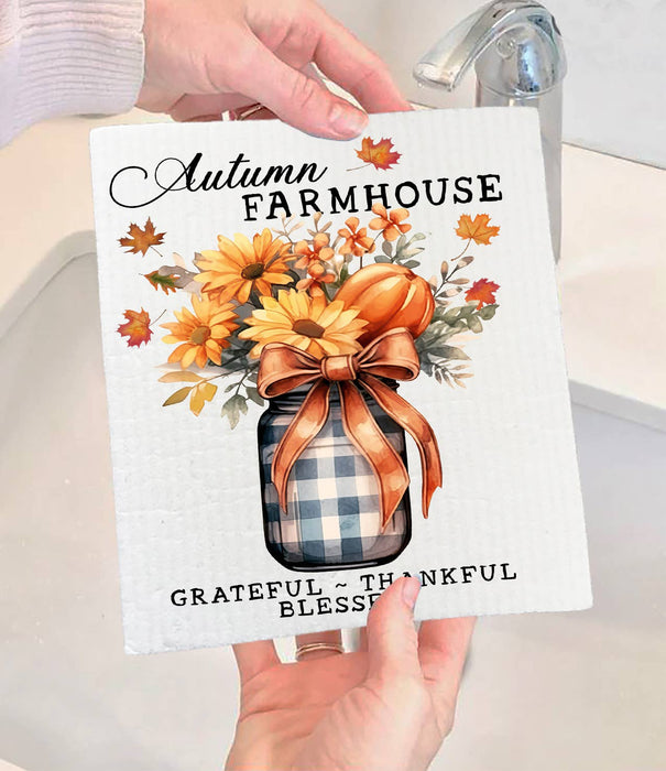 Autumn Farmhouse Grateful Bless Swedish Dishcloth