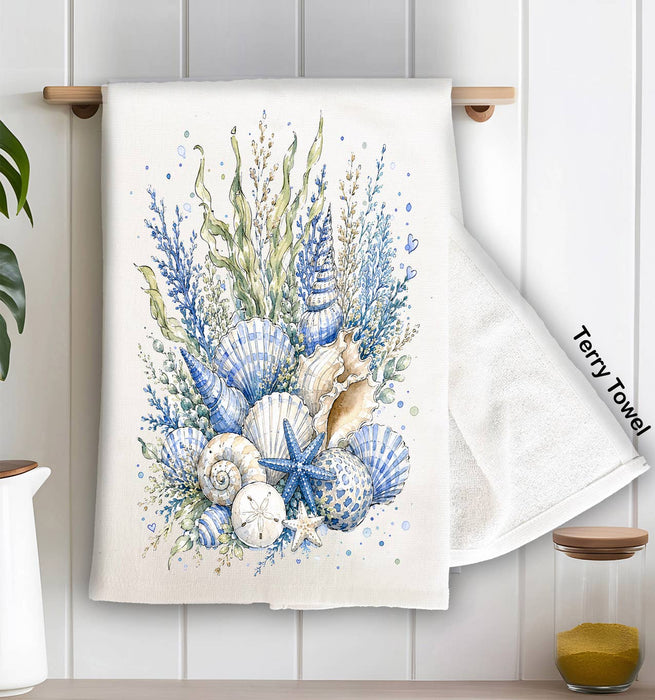 Coastal Blue Sea Shells Bouquet Kitchen Terry Towel