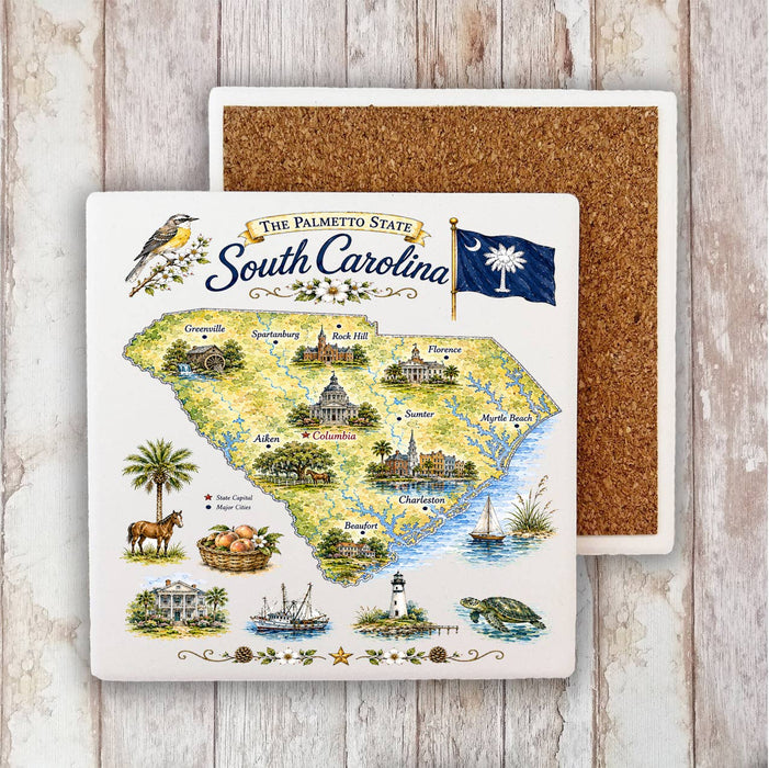 South Carolina State Map Landmark Stone Coaster