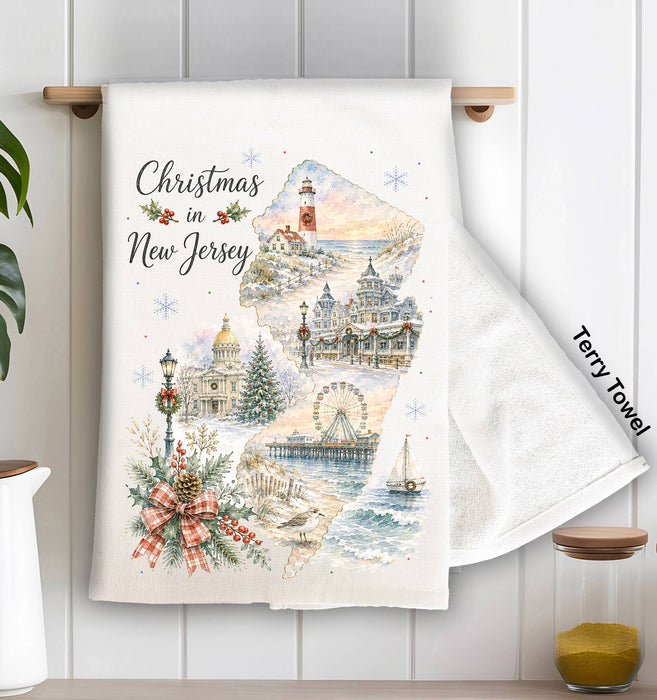 Christmas in New Jersey State Map Kitchen Terry Towel