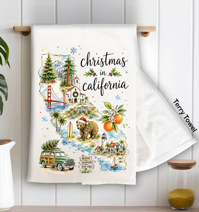 Christmas in California State Map Kitchen Terry Towel