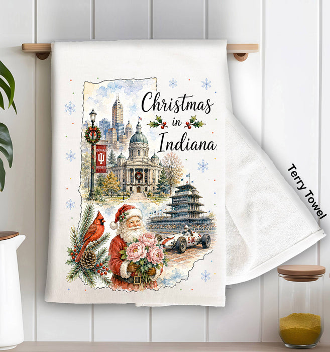 Christmas in Indiana State Map Kitchen Terry Towel
