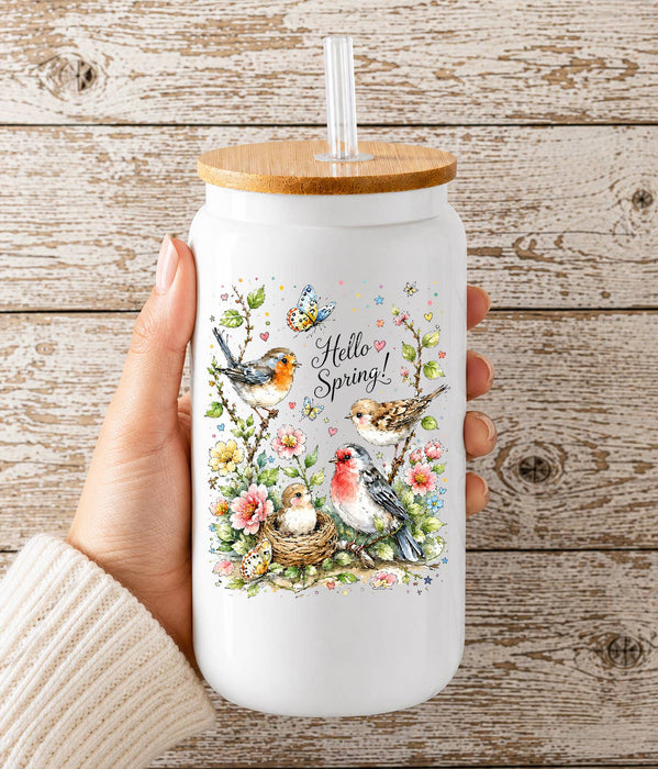 Hello Spring Flowers Birds Glass Cup