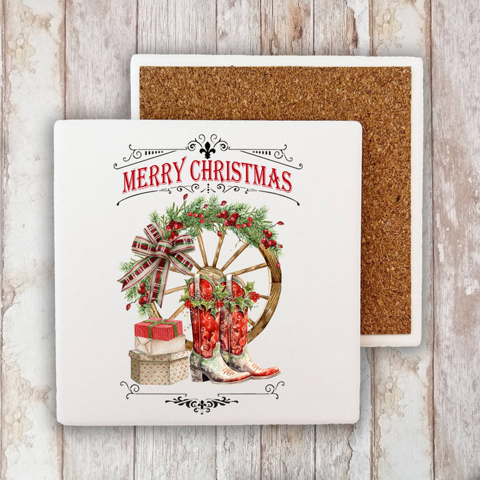 Merry Christmas Red Cowboy Boots Western Stone Coaster