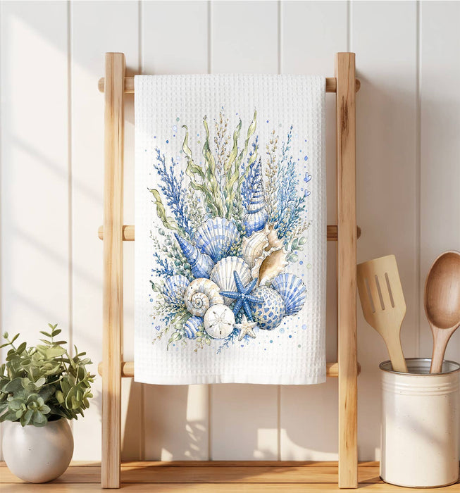 Coastal Blue Sea Shells Bouquet Waffle Weave Towel