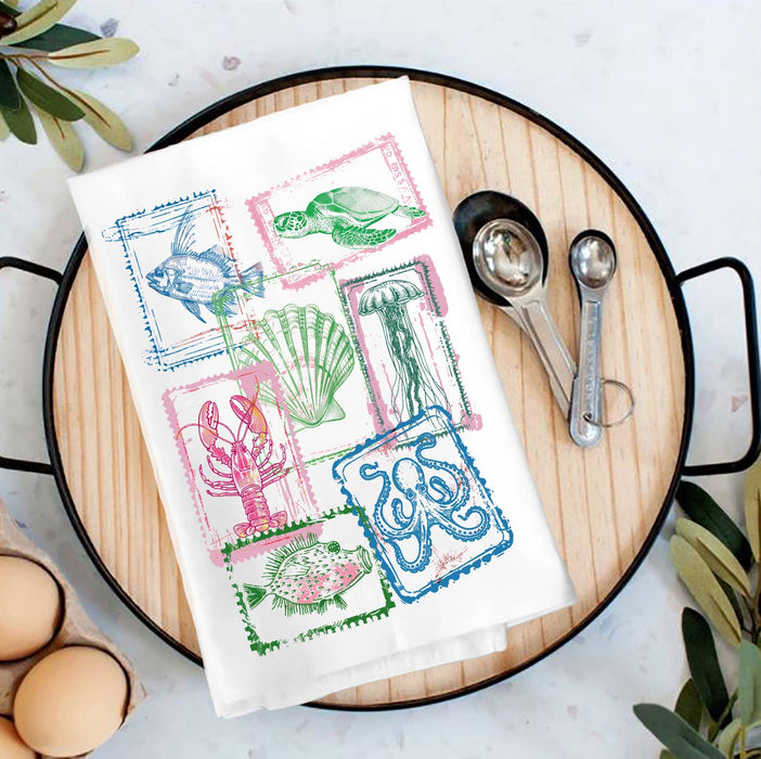 Coastal Beach Collage of Stamps Tea Towel