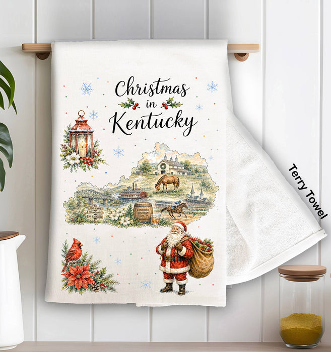 Christmas in Kentucky State Map Kitchen Terry Towel