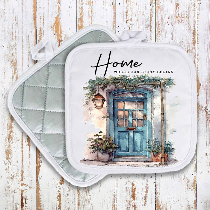 Blue Door Home Our Story Begins Pot Holder Oven Mitt