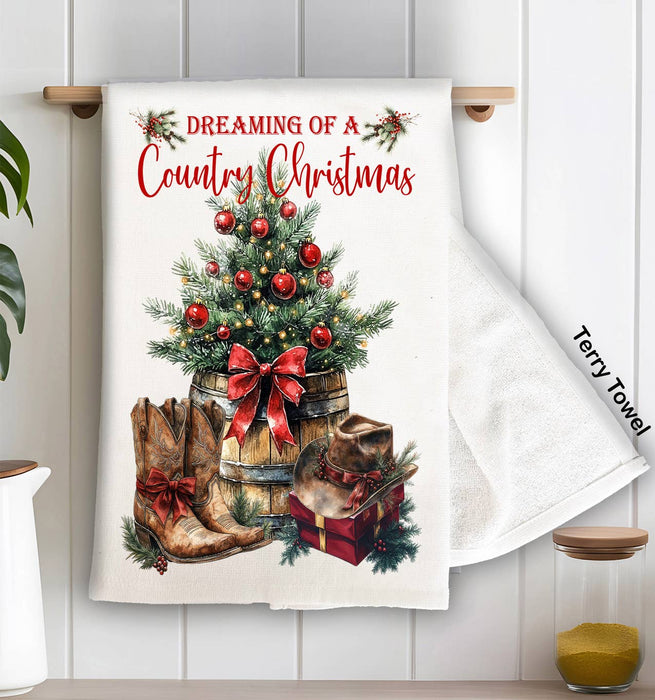 Country Christmas Western Cowboy Boots Kitchen Terry Towel