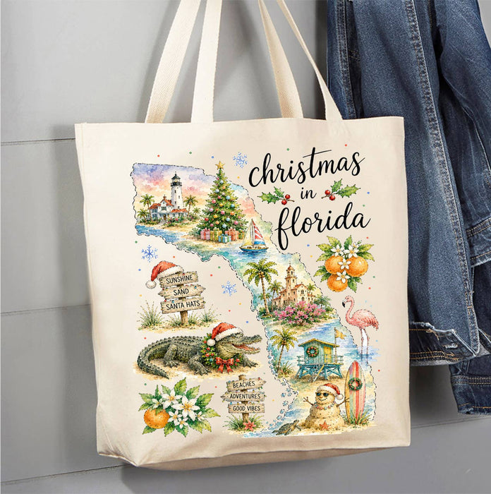 Christmas in Florida State Map Canvas Tote Bag