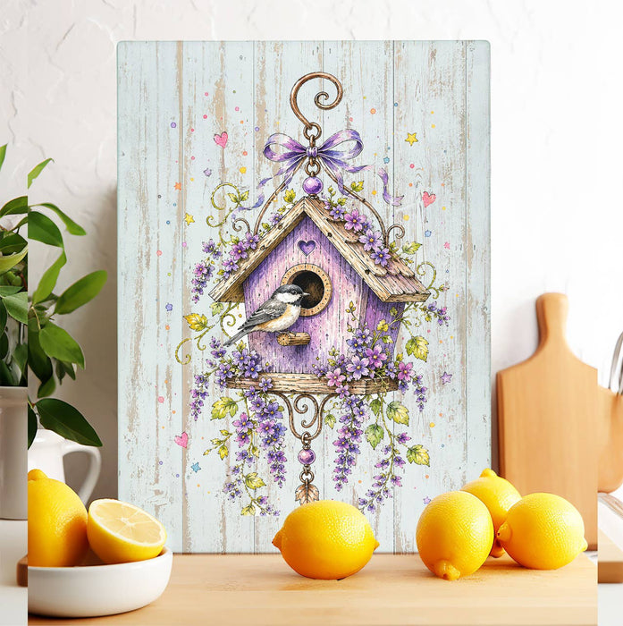 Lavender Whimsical Birdhouse Glass Cutting Board