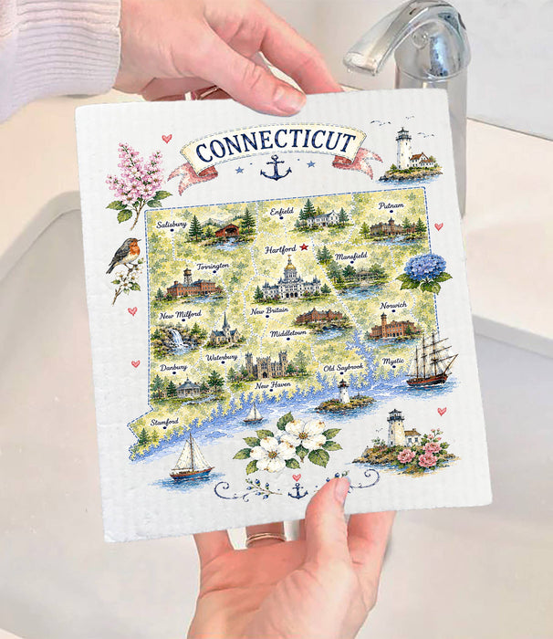 Connecticut State Map Landmark Swedish Dishcloth