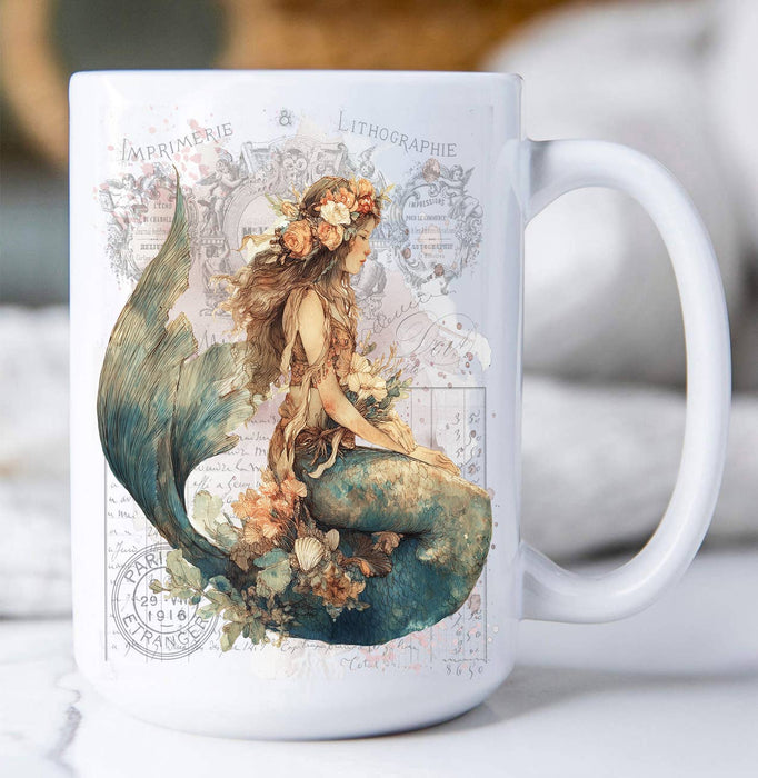 Vintage French Mermaid Coastal Coffee Mug