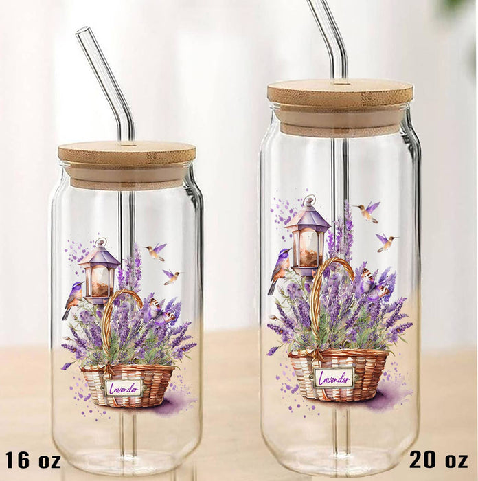 Basket of Lavender Humming Birds Can Glass with Lid Straw