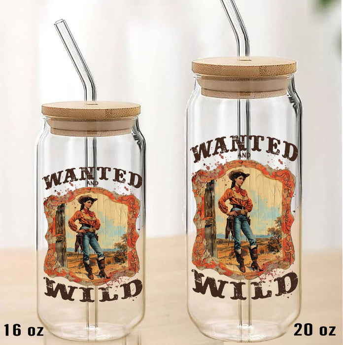 Cowgirls Wanted and Wild Can Glass with Lid and Straw