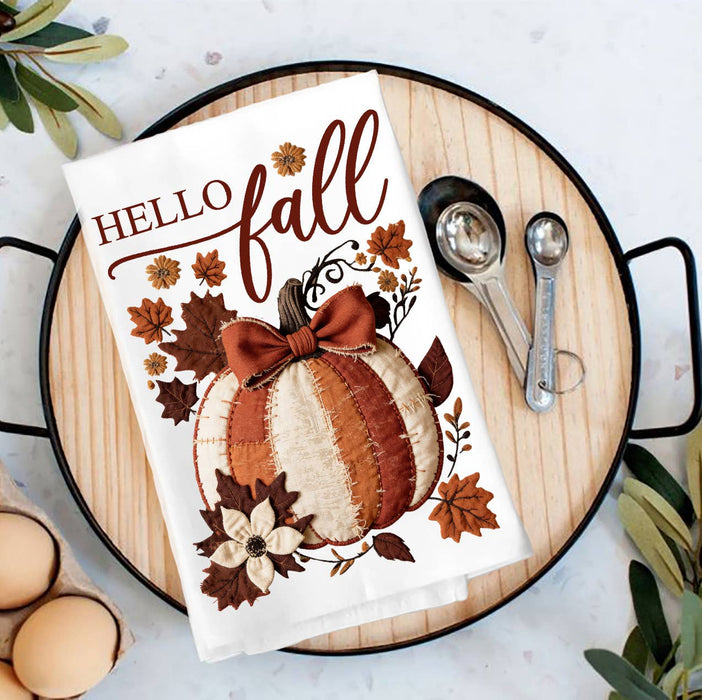 Hello Fall Quilted Pumpkin  Tea Towel