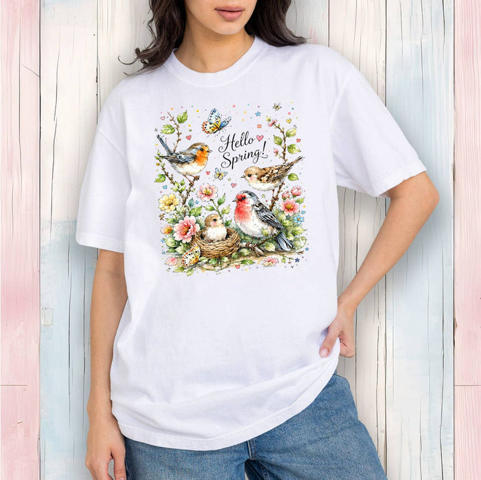 Hello Spring Flowers Birds T-Shirt
