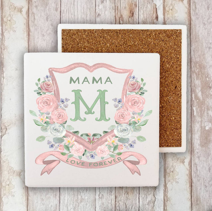 Mother's Day Mama Floral Crest Stone Coaster