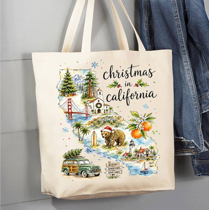 Christmas in California State Map Canvas Tote Bag