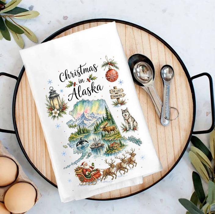 Christmas in Alaska State Map Tea Towel