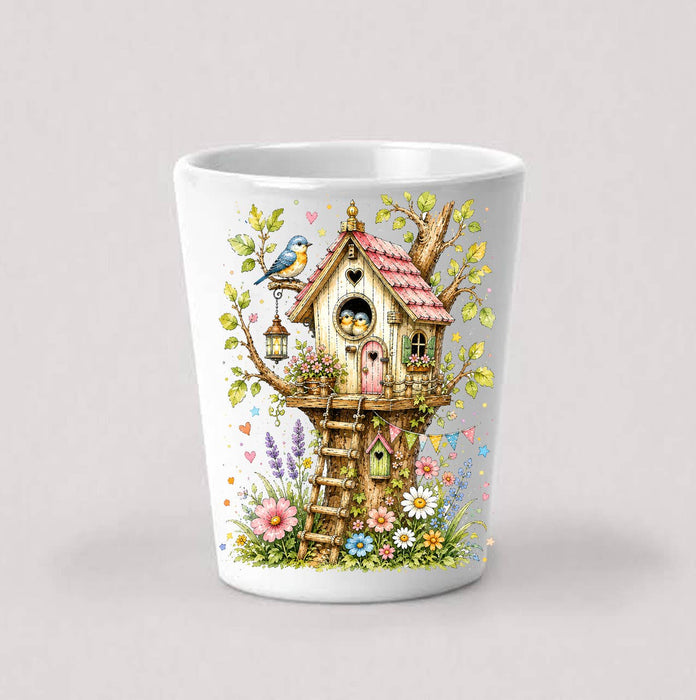 Spring Birds in Birdhouse Flowers Shot Glass