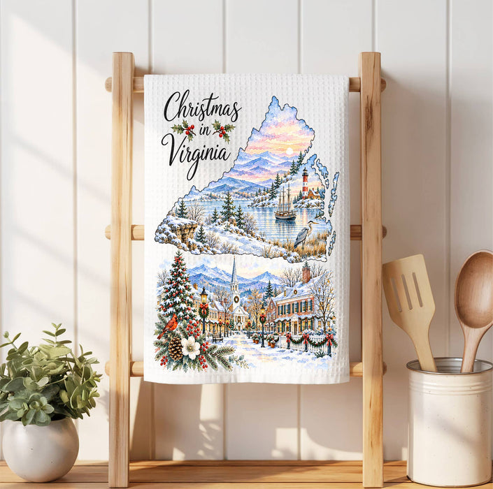 Christmas in Virginia State Map Waffle Weave Towel