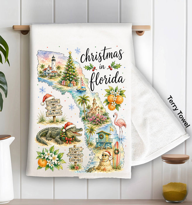 Christmas in Florida State Map Kitchen Terry Towel