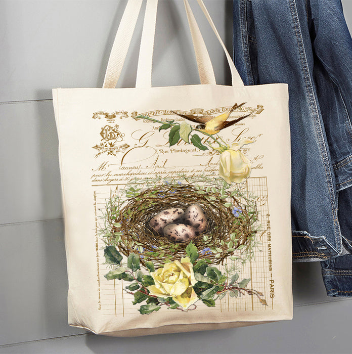 Vintage Shabby Chic Birds Nest Roses Canvas Tote Bag