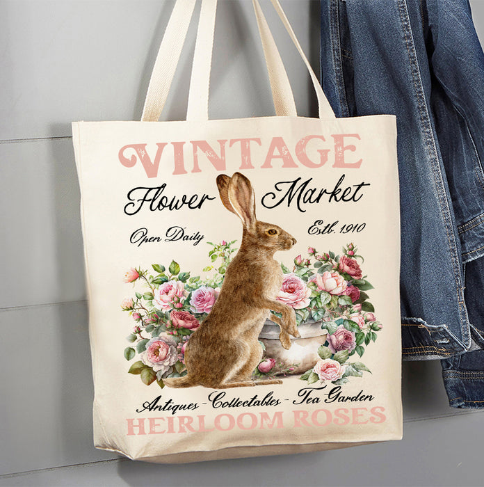Vintage Easter Bunny Heirloom Roses Canvas Tote Bag