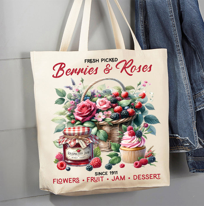 Berries and Roses Farmhouse Canvas Tote Bag