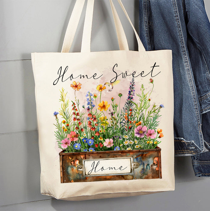 Home Sweet Home Country Field Flowers Canvas Tote Bag