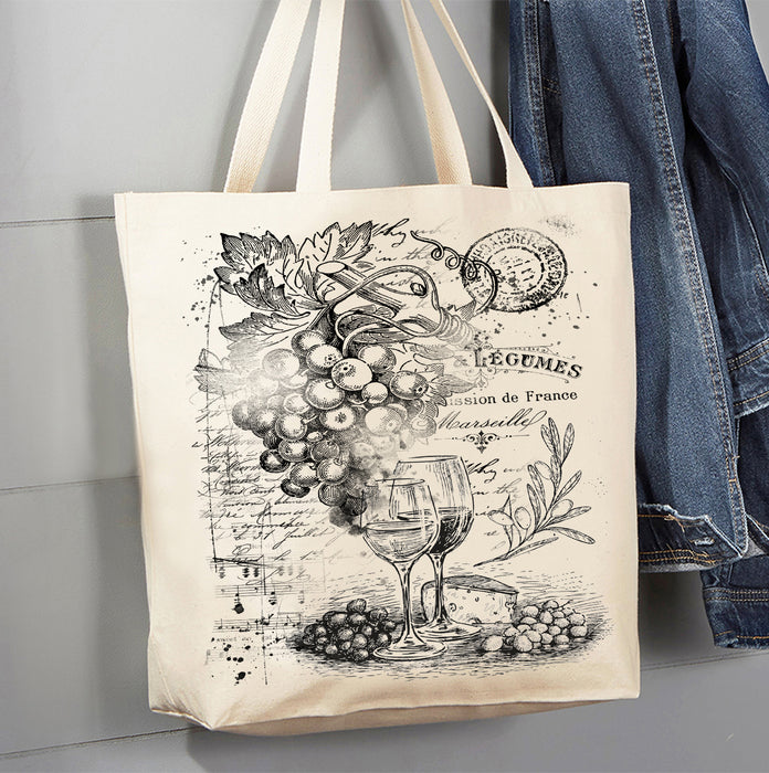 Vintage Shabby Wine and Grapes Canvas Tote Bag