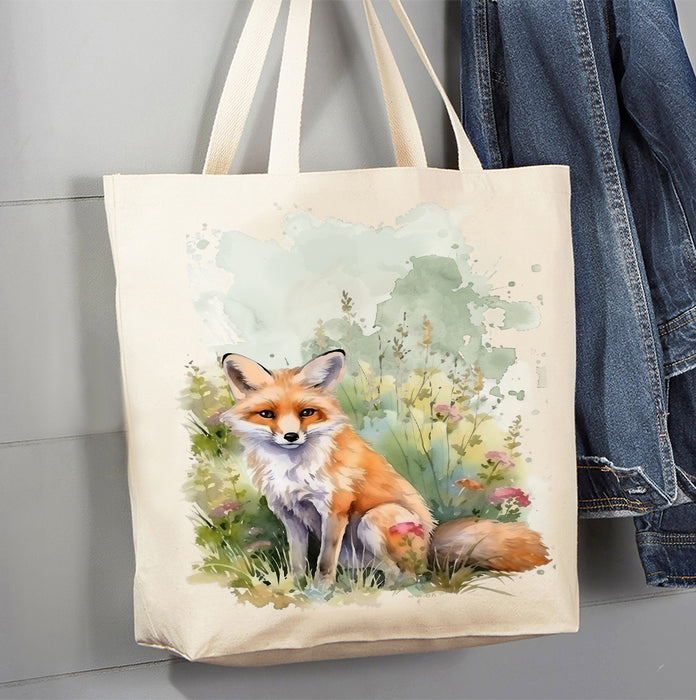 Fox Animal in Grass Flowers Canvas Tote Bag