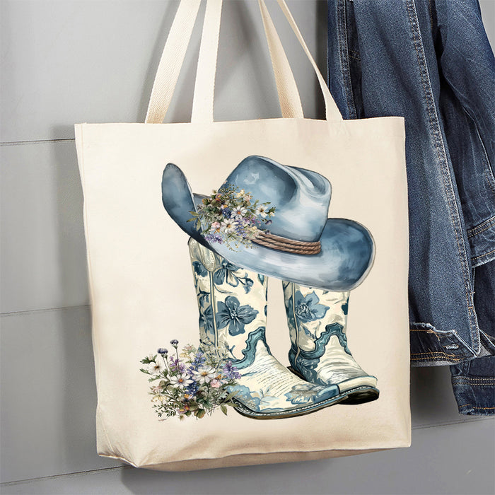 Western Blue & White Cowboy Boots Canvas Tote Bag
