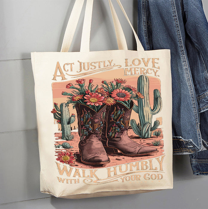 Walk Humble with God Western Spiritual Canvas Tote Bag
