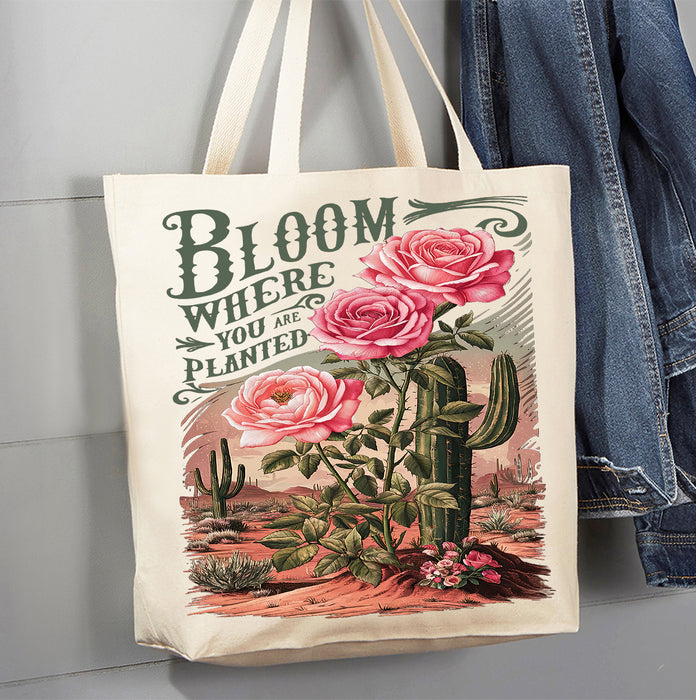 Bloom Where Planted Western Spiritual Canvas Tote Bag