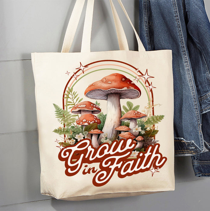 Grow in Faith Mushroom Spiritual Canvas Tote Bag