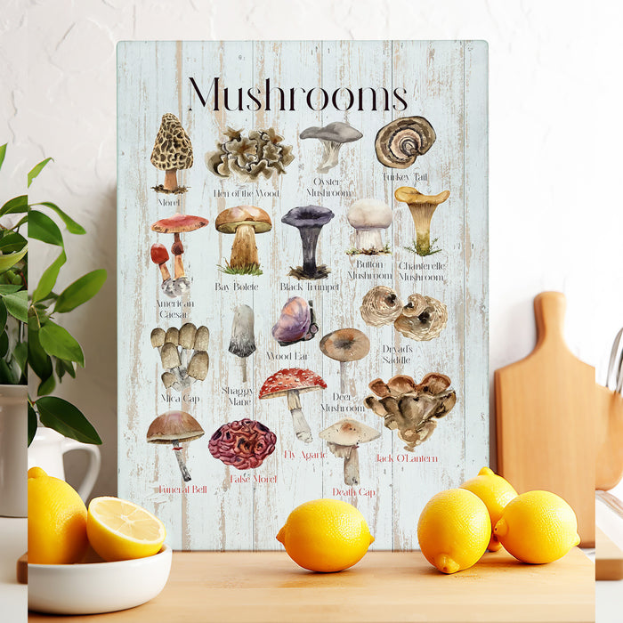 Vintage Mushroom Variety Glass Cutting Board