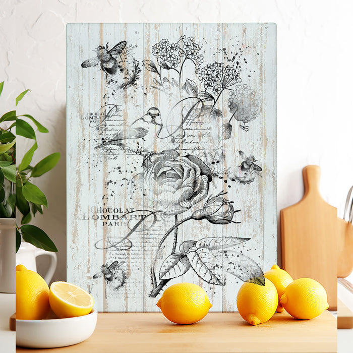 Vintage Shabby Chic Birds & Bees Glass Cutting Board Trivet