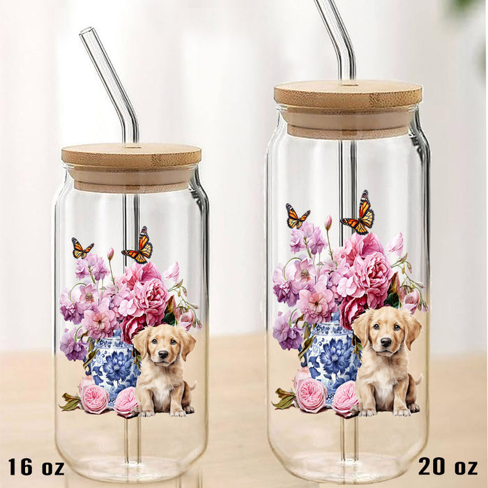 Golden Retreiver Puppy Vase Flowers Can Glass with Lid Straw