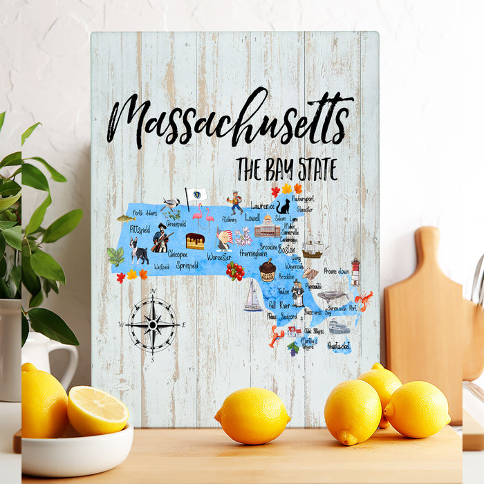 Massachusetts State Map Glass Cutting Board
