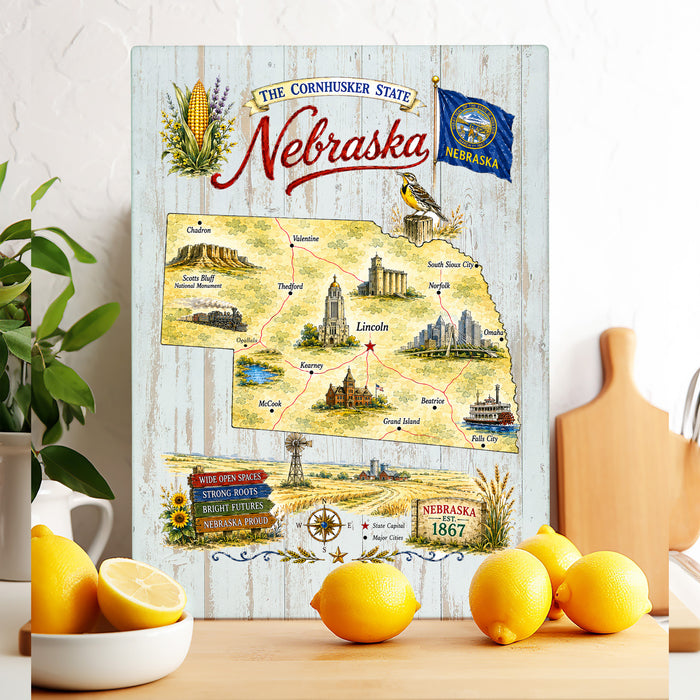 Nebraska State Map Landmark Glass Cutting Board