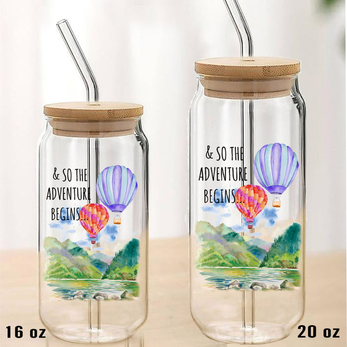 Hot Air Balloons The Adventure Begins Can Glass with Lid and Straw