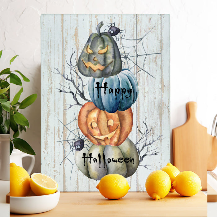 Happy Halloween Stacked Pumpkins Glass Cutting Board