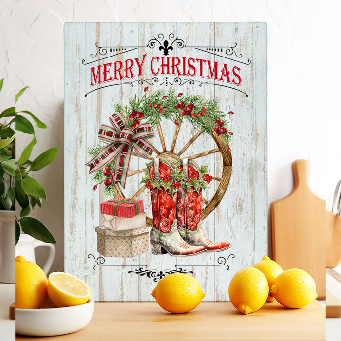 Merry Christmas Red Cowboy Boots Western Glass Cutting Board