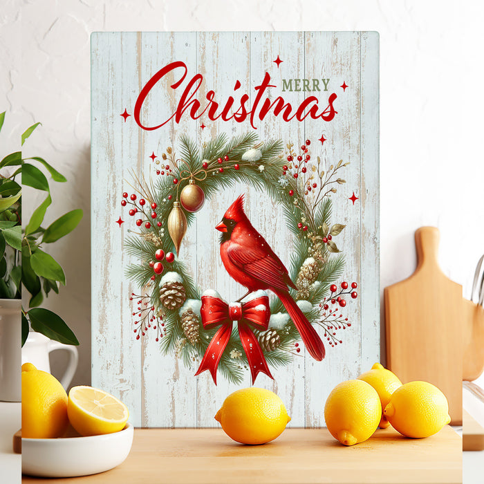 Merry Christmas Wreath Cardinal Glass Cutting Board Trivet