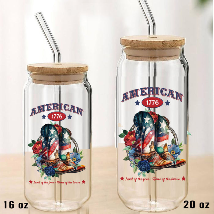 American Patriotic Cowboy Boots Can Glass with Lid Straw