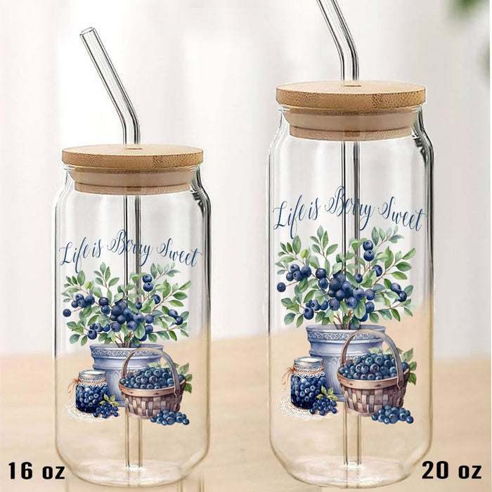 Life is Berry Sweet Blueberry Fruit Can Glass with Lid Straw