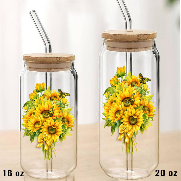 Sunflowers Butterfly Bouquet Can Glass with Lid Straw